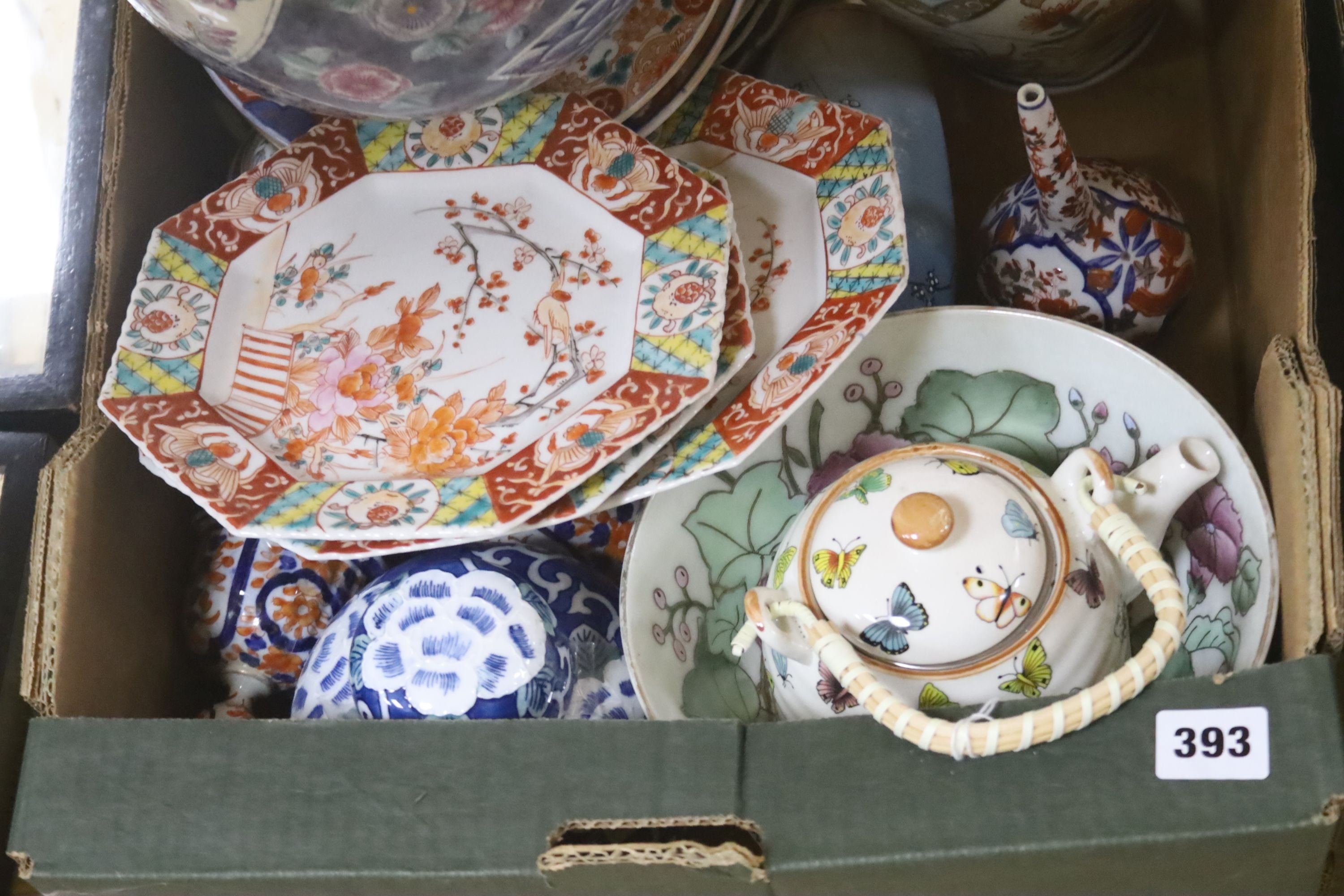 Two boxes of Japanese Imari, Kutani etc porcelain